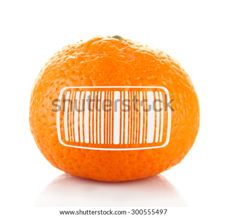 Ripe tangerine with barcode isolated on white