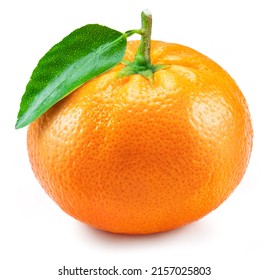 Ripe tangerine fruit with green leaf isolated on a white background. Organic tangerines fruits.