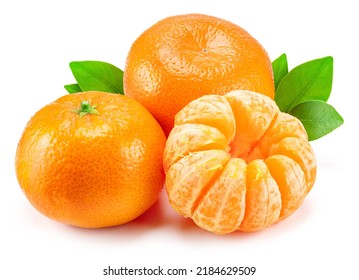 Ripe tangerine fruits with leaf and mandarin slices on white background. - Shutterstock ID 2184629509