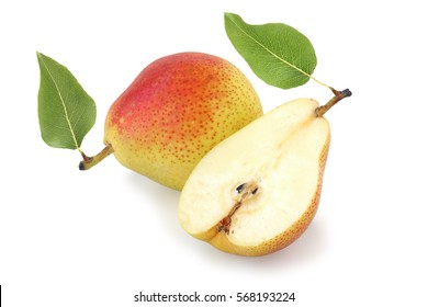 Ripe tasty red - yellow pear and half with leaves isolated on white background - Shutterstock ID 568193224
