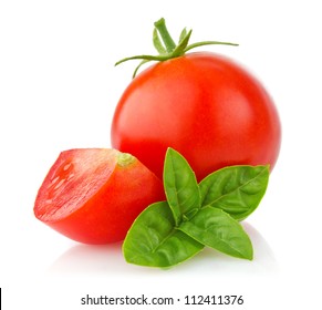 Ripe Tomato With Branch Basil Isolated On White Background