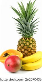 Ripe tropical fruits isolated on white background with clipping path showing mango pineapple papaya banana sharp focus
