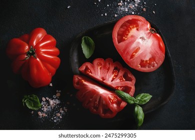 Ripe vibrant tomatoes sliced on a dark, elegant surface, adorned with fresh basil leaves, and pink Himalayan salt flakes, creating a visually inviting culinary scene. - Powered by Shutterstock