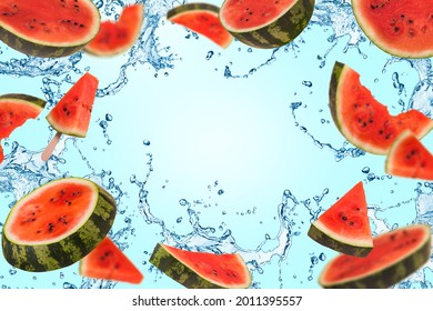 Ripe watermelon cut into pieces flying in the air, with splash of water. Floating, flying, levitating sliced fresh watermelon on a background. Creative and abstract food concept. Copy space