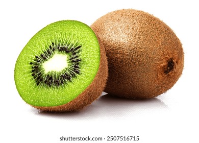 Ripe whole kiwi fruit and half kiwi fruit isolated on white background. Kiwi Watercolor illustration