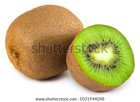 Ripe whole kiwi fruit and half kiwi fruit isolated on white background.