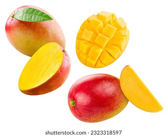 Ripe whole mango half isolated on white background. Mango macro studio photo. Mango Clipping Path. - Shutterstock ID 2323318597