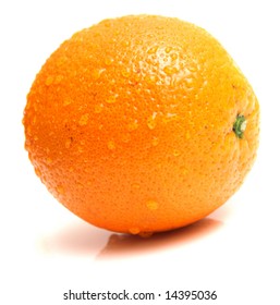 The ripe whole orange covered by drops of a water. Isolation on white, shallow DOF. - Shutterstock ID 14395036