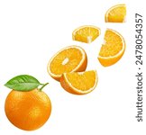 Ripe whole Orange and slice isolated on white background with clipping path. Flying Orange Clipping Path.
