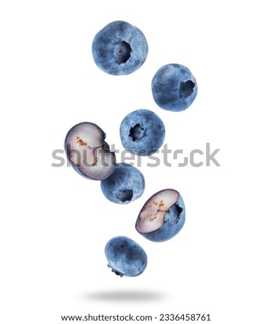 Ripe whole and sliced blueberries close up in the air on a white background