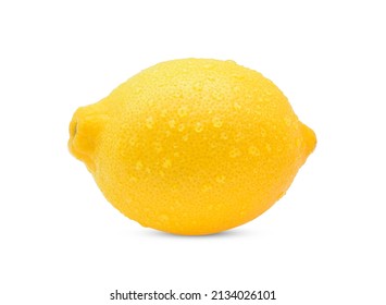 Ripe whole yellow lemon citrus fruit with water drops isolated on white background