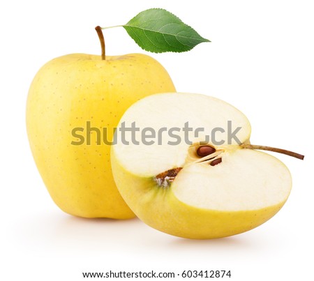 Ripe yellow apple fruit with green leaf and apple half isolated on white background
