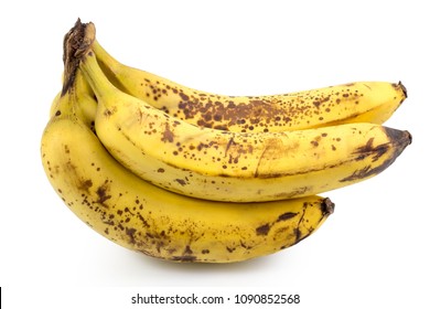 Ripe yellow bananas fruits, bunch of ripe bananas with dark spots on a white background with clipping path. - Shutterstock ID 1090852568