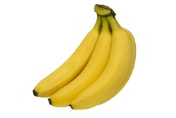 Ripe Yellow Bananas Are Hanging In The Air. Four Yellow Bananas