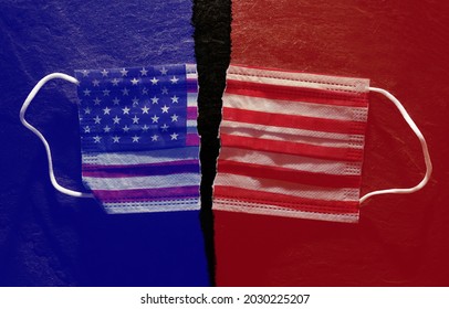 Ripped American Flag Facemask  Split Into Red And Blue Representing Republican And Democrat Split On COVID Issues                            