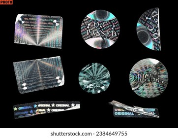Ripped, crumpled, damaged hologram sticker collection. original, qc passed tamper proof seals isolated on black background.