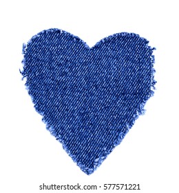 Ripped Denim Heart Frame On White Background. Denim Jeans Fashion Background. Destroyed Torn Denim Blue Jeans Patch 