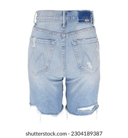 Ripped High Waist Denim Mom Shorts with Shredded Details Isolated on White. Well-Worn High-Rise Waist High-Rise Frayed Jean Shorts. Women's Soft Faded Blue Jeans Denim. Back View Clothing Apparel