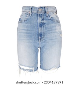 Ripped High Waist Denim Mom Shorts with Shredded Details Isolated on White. Well-Worn High-Rise Waist High-Rise Frayed Jean Shorts. Women's Soft Faded Blue Jeans Denim. Front View Clothing Apparel