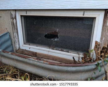 Ripped Hole In Old Window Screen Of Rectangular Basement Window That Needs Repairs