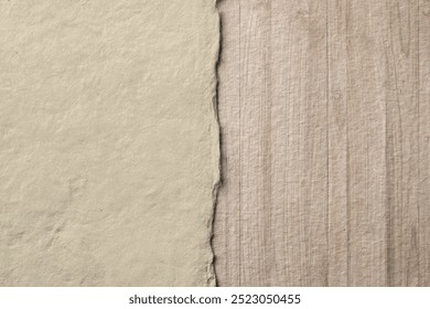 Ripped paper wooden border on handmade textured background. Ripped paper background. Torn paper textured background. Beige wood border background.