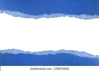 Ripped Pieces Of Blue Paper Isolated On White Background. Paper Piece Torn Edge. Rip Sheet Paper Tears. Copy Space, Frame, Banner, Trend 2020