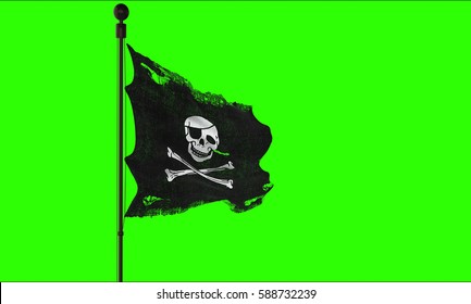 ripped tear grunge old fabric texture of the pirate skull flag waving in wind, calico jack pirate symbol at chroma key green screen background, dark mystery style, hacker and robber concept