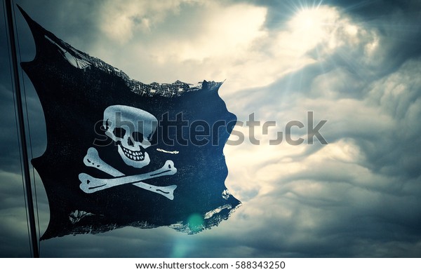 ripped tear\
grunge old fabric texture of the pirate skull flag waving in wind,\
calico jack pirate symbol at cloudy sky with sun rays light, dark\
mystery style, hacker and robber\
concept