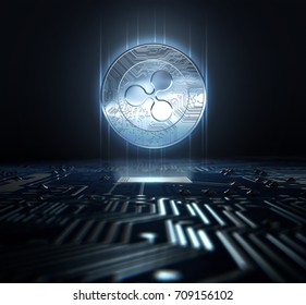 A ripple cryptocurrency hologram coin form hovvering over a computer circuit board- 3D render