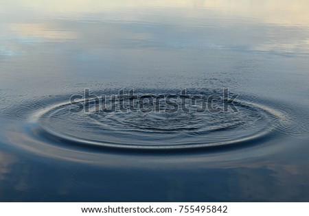 Ripple on the calm surface of a lake with sky reflection from thrown rock into the water, abstract background