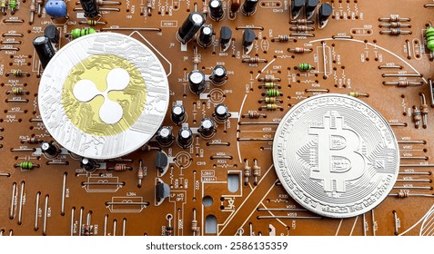 Ripple, XRP, and Bitcoin. Integrated circuits and cryptocurrencies. BlockChain - Powered by Shutterstock - Get 15% off with code: PIKWIZARD15