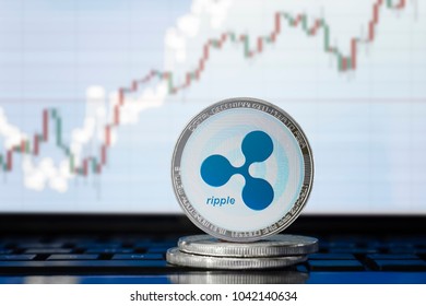 RIPPLE (XRP) Cryptocurrency; Physical Concept Ripple Coin On The Background Of The Chart