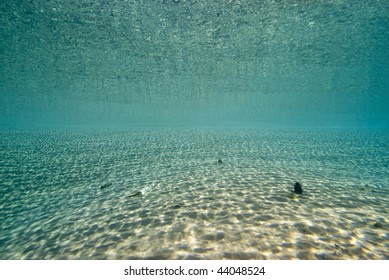 Ripples Sunlight On The Floor Of A Shallow Sandy Bay Reflected By A Calm Ocean Surface. Marsa Bareka, Ras Mohammed National Park, Red Sea, Egypt. MORE INFO: Wide Angle Scenic Shot In Clear Blue Water.