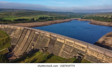 Ripponden, West Yorkshire, England, Britain, August 2022, Aerial View Of Baitings Dam And Reservoir With Low Water Levels