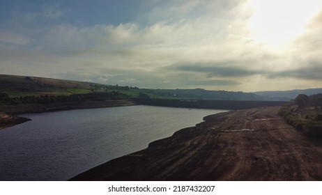 Ripponden, West Yorkshire, England, Britain, August 2022, Aerial View Of Low Water Levels At Baitings Reservoir