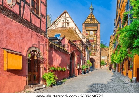 Riquewihr, Alsace. Rue du General de Gaulle in one of the most beautiful villages of France, famous for wine scenic route.