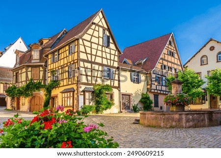Riquewihr village on the famous wine route in the Alsace region of France; fountain and colorful half timbered houses