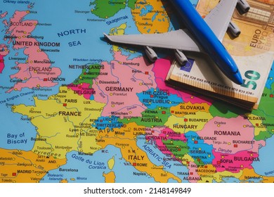 Rise in airfare concept. Toy airplane model on the map of Europe.