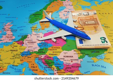Rise in airfare concept. Toy airplane model on the map of Europe.