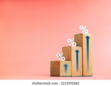 Rise up arrow on wooden cube blocks, bar graph chart steps with percentage 3d icons on red with copy space, business growth process, profit, market grow, leader trends, economic improvement concepts.