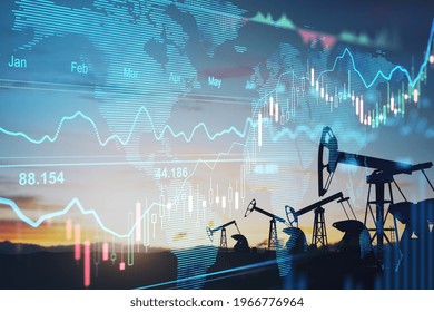 Rise in gasoline prices concept with double exposure of digital screen with financial chart graphs and oil pumps on a field