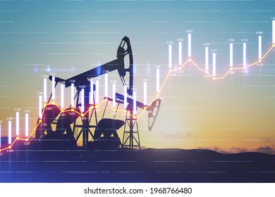 Rise In Gasoline Prices Concept With Double Exposure Of Digital Screen With Growing Financial Chart Candlestick And Oil Pumps On A Field