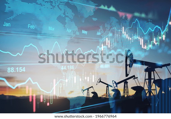 Rise\
in gasoline prices concept with double exposure of digital screen\
with financial chart graphs and oil pumps on a\
field