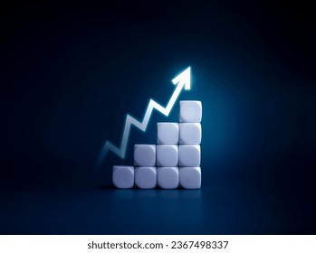 Rise up glowing arrow, volatility index chart on white blocks business chart steps on dark blue background. Business growth graph process, goal, success and economic improvement and analysis concepts.
