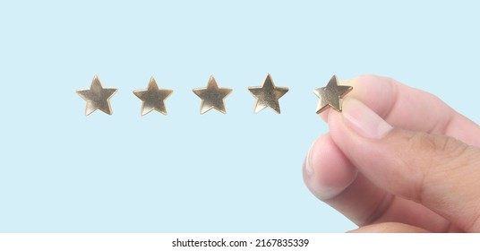 Rise On Increasing Five Stars In Human Hand, Increase Rating Evaluation Classification Concept