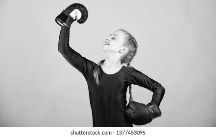 Rise Of Women Boxers. Female Boxer Change Attitudes Within Sport. Free And Confident. Girl Cute Boxer On Blue Background. With Great Power Comes Great Responsibility. Boxer Child In Boxing Gloves.