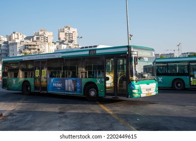 Rishon Lezion, Israel – 14 September 2022. Travel Card Rav Kav In Hand. Israel Green Autobus Egged Company. Passenger Bus. Israeli Public Transport. Central Bus Station. Modern Shuttle.