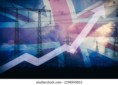 Rising up arrow against UK flag and power line silhouette and stormy sky. Electricity price growth. Energy crisis in UK. Growing electricity consumption. Power generation shortage. Huge power cost - Shutterstock ID 2198595815