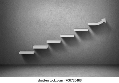 Steigende Pfeil-Graph auf Treppe auf grauem Hintergrund, Geschäftskonzept