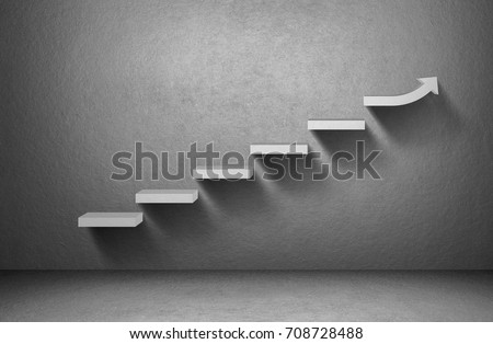 Rising arrow graph on staircase on grey background, business concept